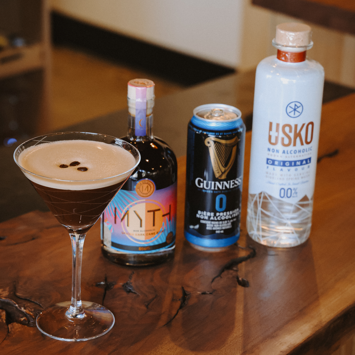 Dublin Dusk non-alcoholic Irish stout martini with dark cocoa powder dusting
