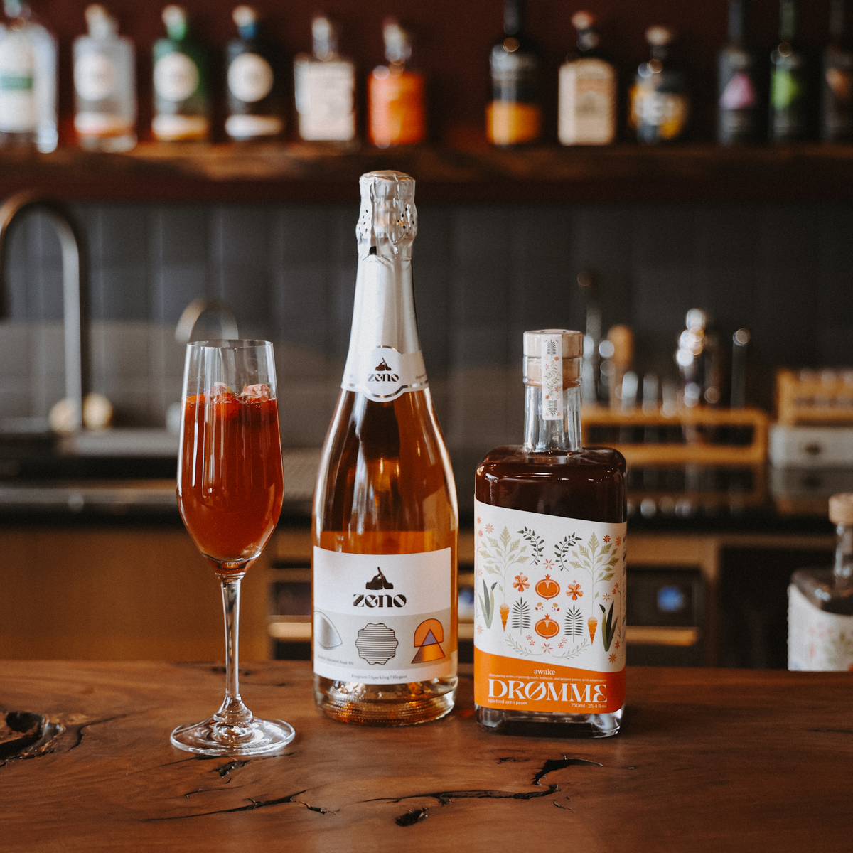 Valentine's Day Spritz sparkling non-alcoholic cocktail with floral notes in champagne flute