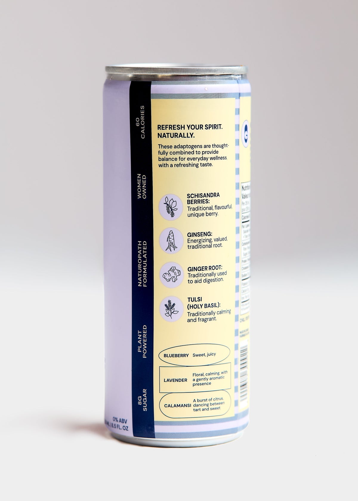Ginny botanical zero-proof sparkling cocktail can in an aesthetic lifestyle setting