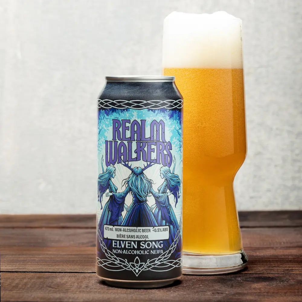 Realm Walkers Elven Song hazy non-alcoholic NEIPA poured into glassware