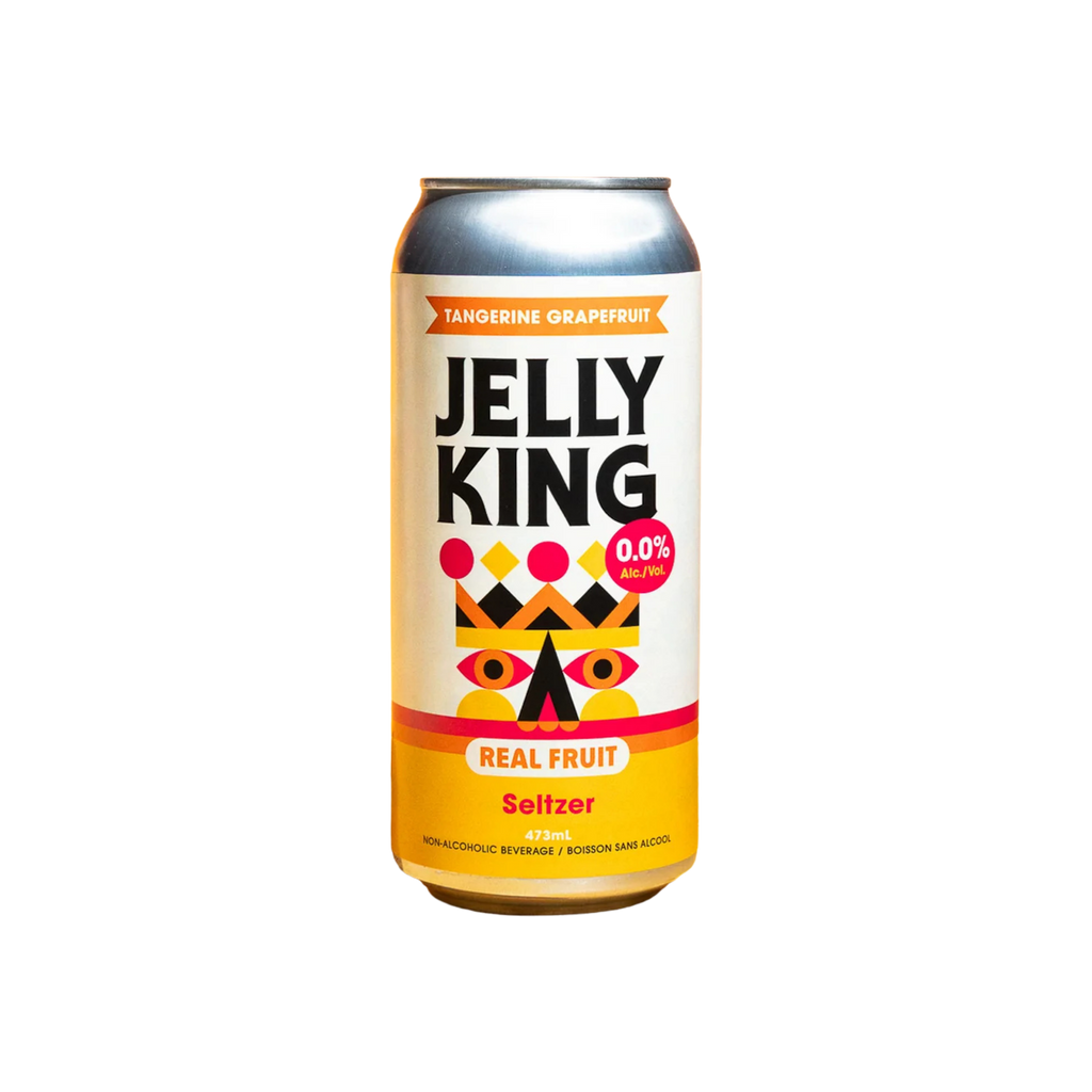 473mL can of Bellwoods Tangerine Grapefruit Jelly King Seltzer, 0.0% alcohol-free craft fruited seltzer