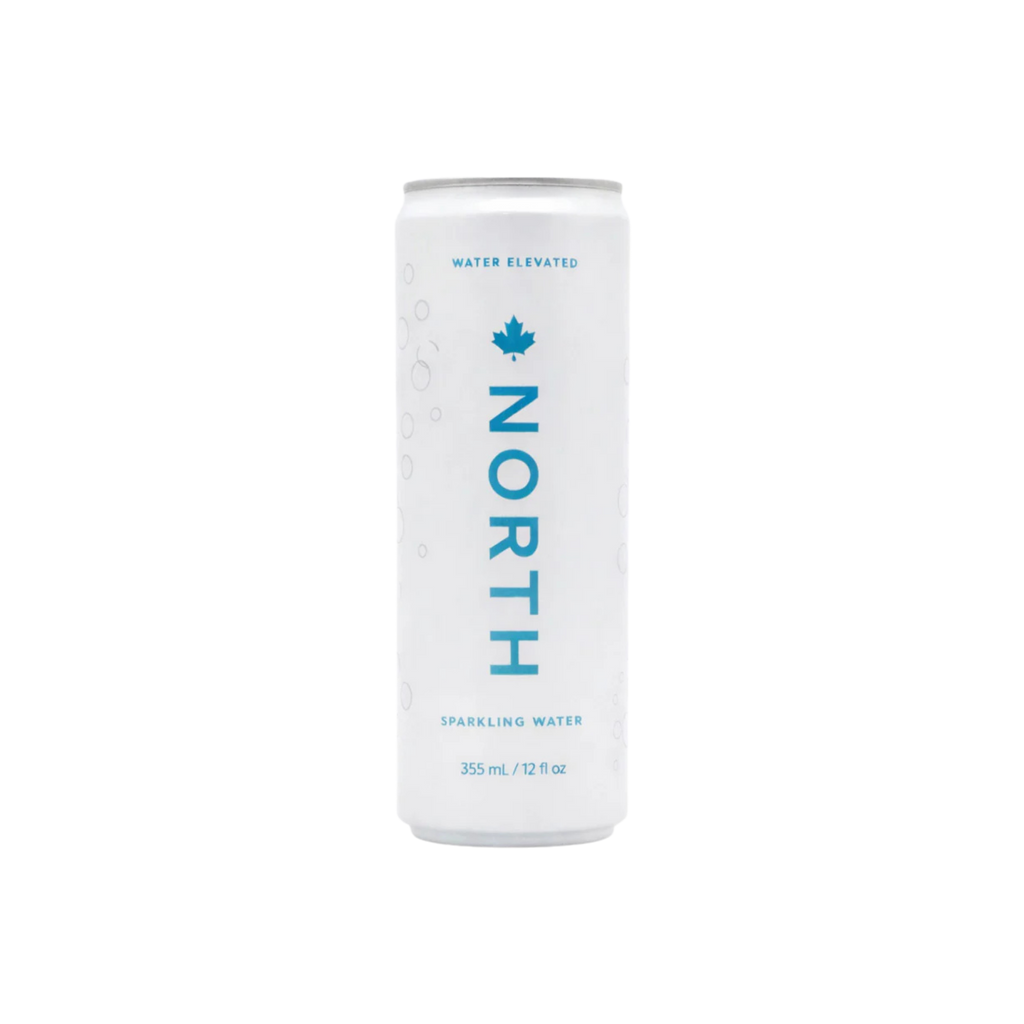 White bottle of North sparkling water on a white background
