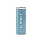 Blue can of North Spring Water on a white background