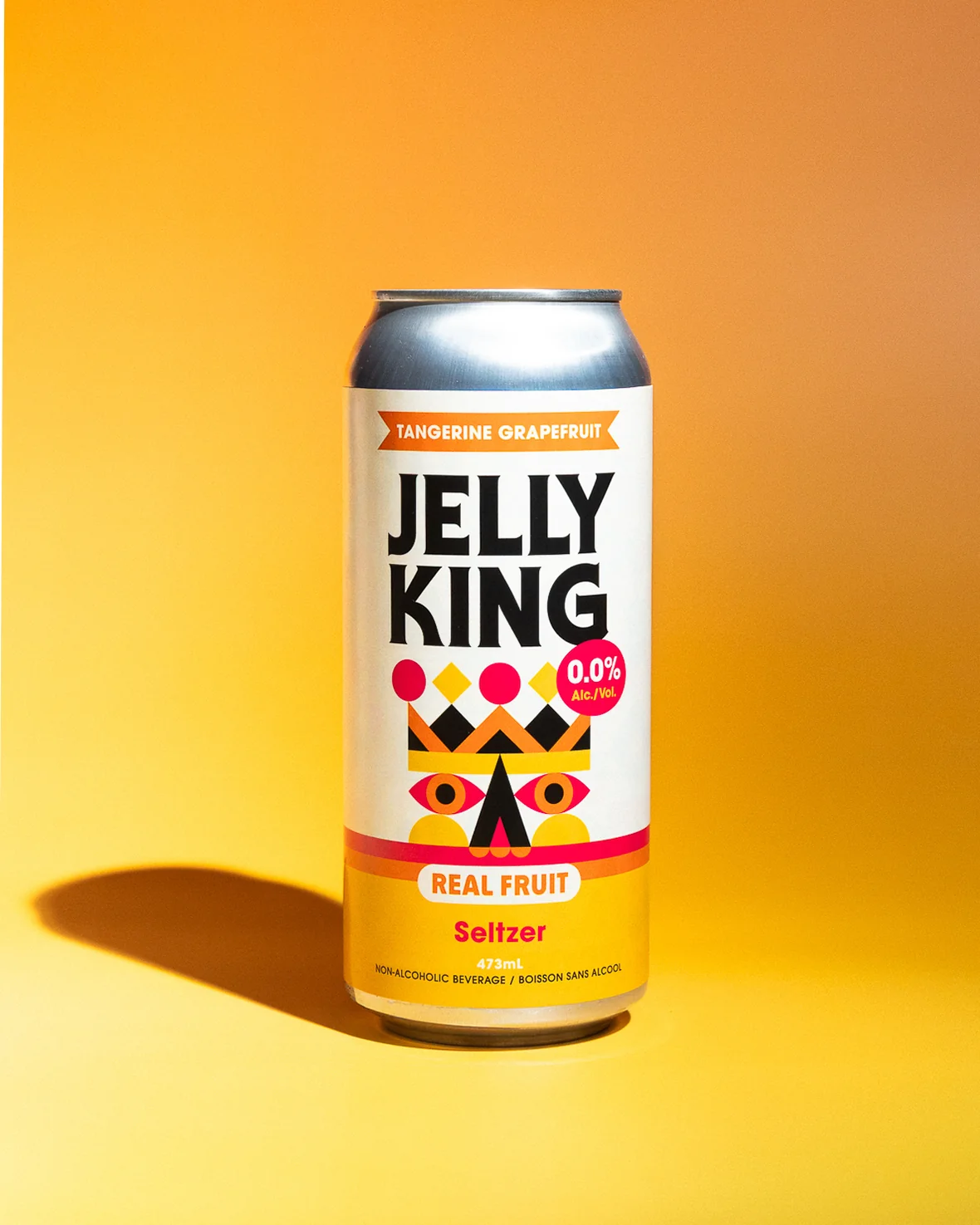473mL can of Bellwoods Tangerine Grapefruit Jelly King Seltzer against an orange and yellow background