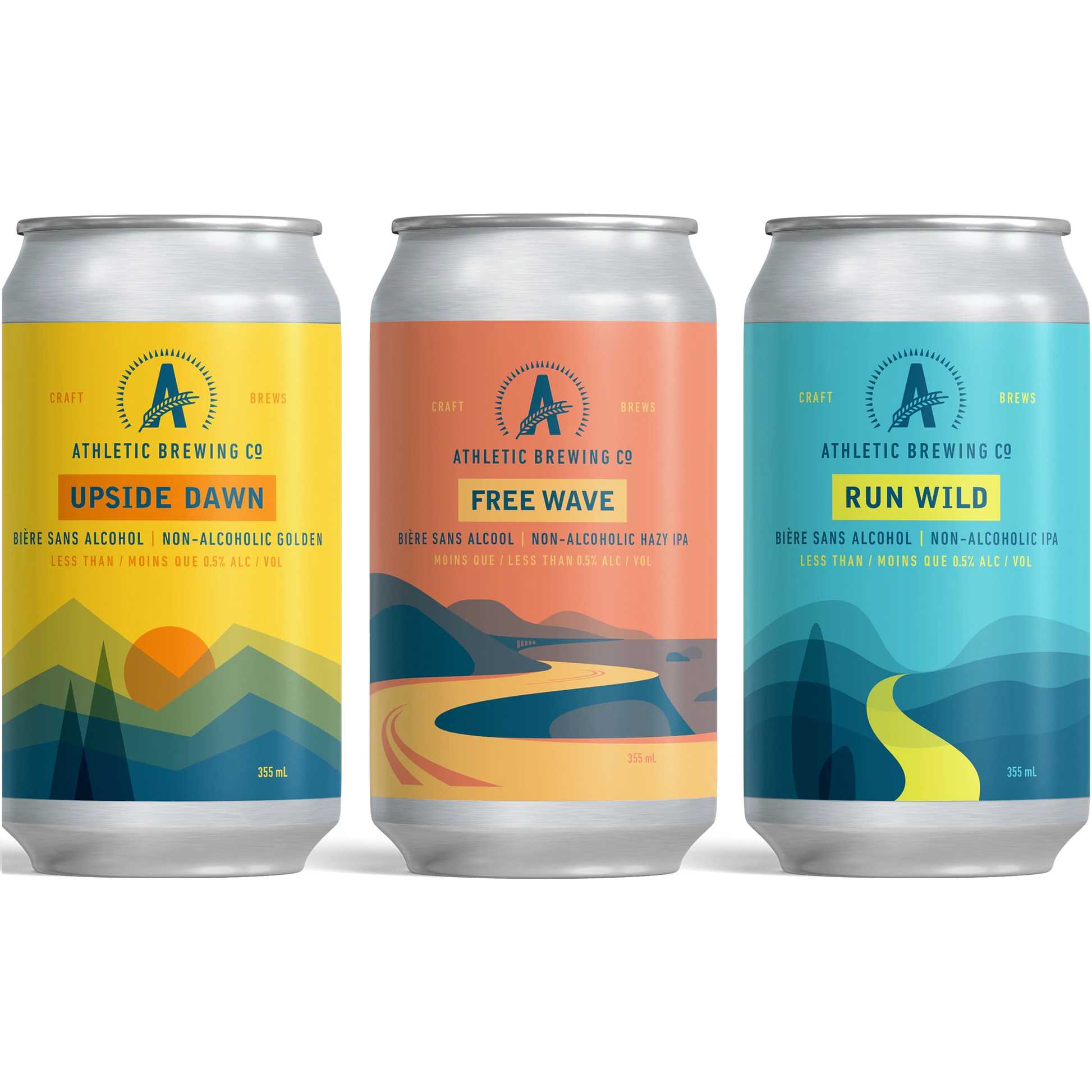 Athletic Brewing Non Alcoholic Beer Variety Pack including Upside Dawn Golden Free Wave Hazy IPA and Run Wild IPA Vegan Non-GMO