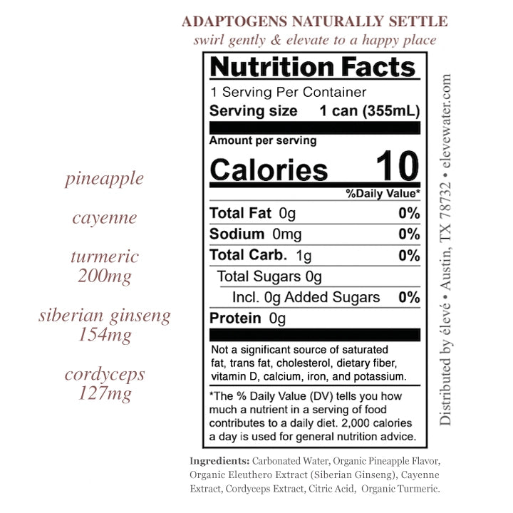 eleve fire adaptogen infused sparkling water, functional beverage low in calories, vegan, organic, nothing artificial