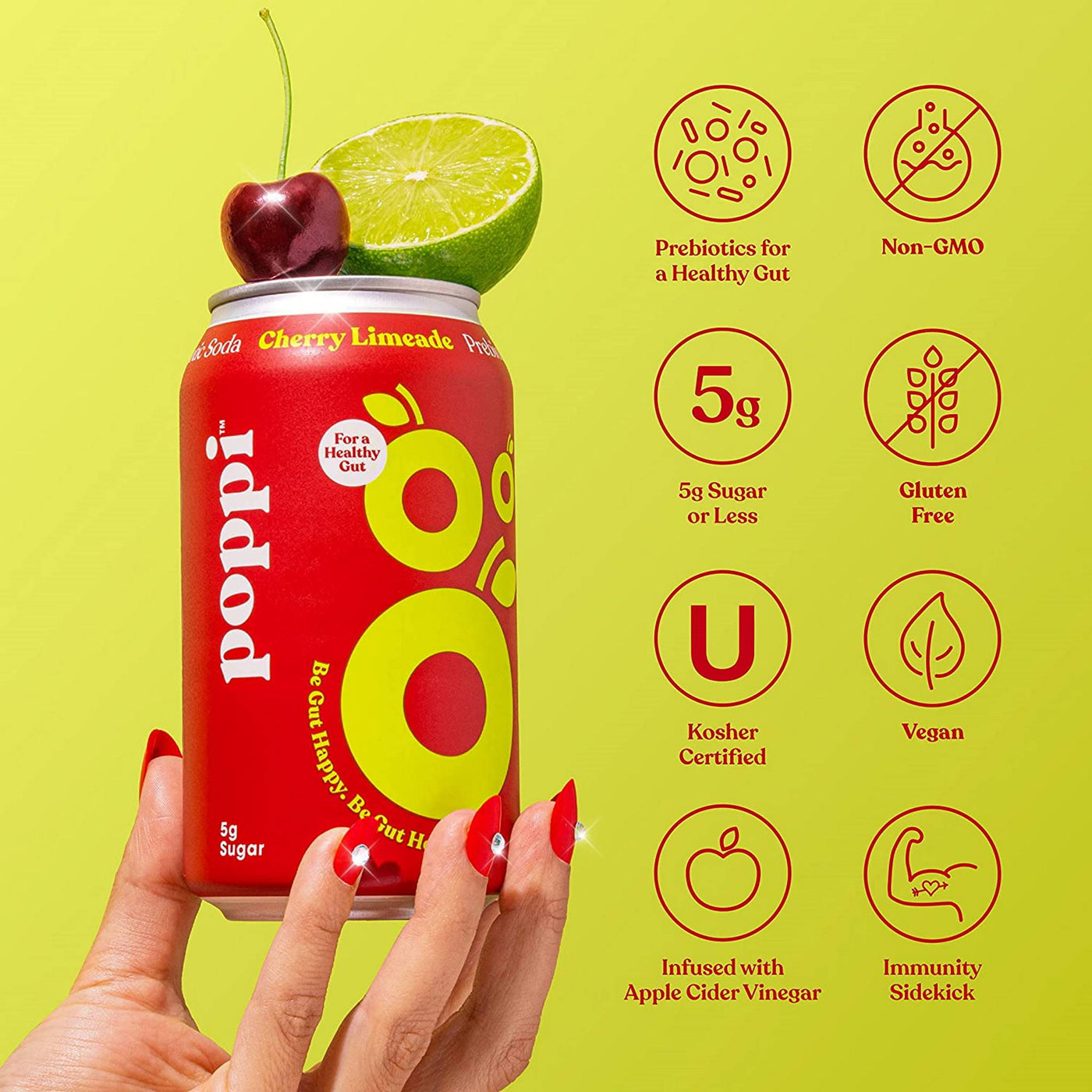 drink poppi Canada - non-GMO, low sugar, low calorie, gluten free, kosher certified, vegan, apple cider vinegar, immunity sidekick, prebiotics for your gut