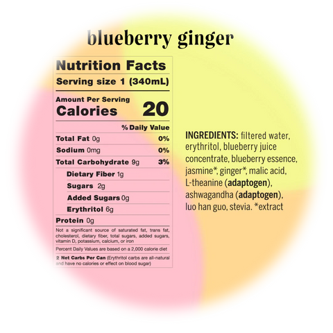 blueberry ginger nutrition facts - 0 sugar - 0 caffeine - adaptogens - ashwagandha - l-theanine - calming adaptogens