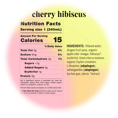 Cherry Hibiscus nutrition facts - 0 sugar - 0 caffeine - adaptogens - ashwagandha - l-theanine - calming adaptogens - drink your meditation - Moment Drink Canada
