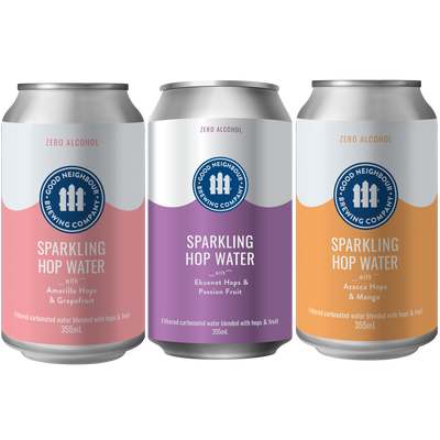 Good Neighbour Sparkling Hop Water Canada USA - taster variety pack - gluten free vegan low calorie low sugar - all natural real fruit infused - non GMO