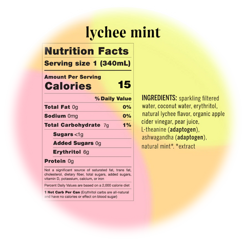 lychee mint nutrition facts - 0 sugar - 0 caffeine - adaptogens - ashwagandha - l-theanine - calming adaptogens - drink your meditation - Moment Drink Canada