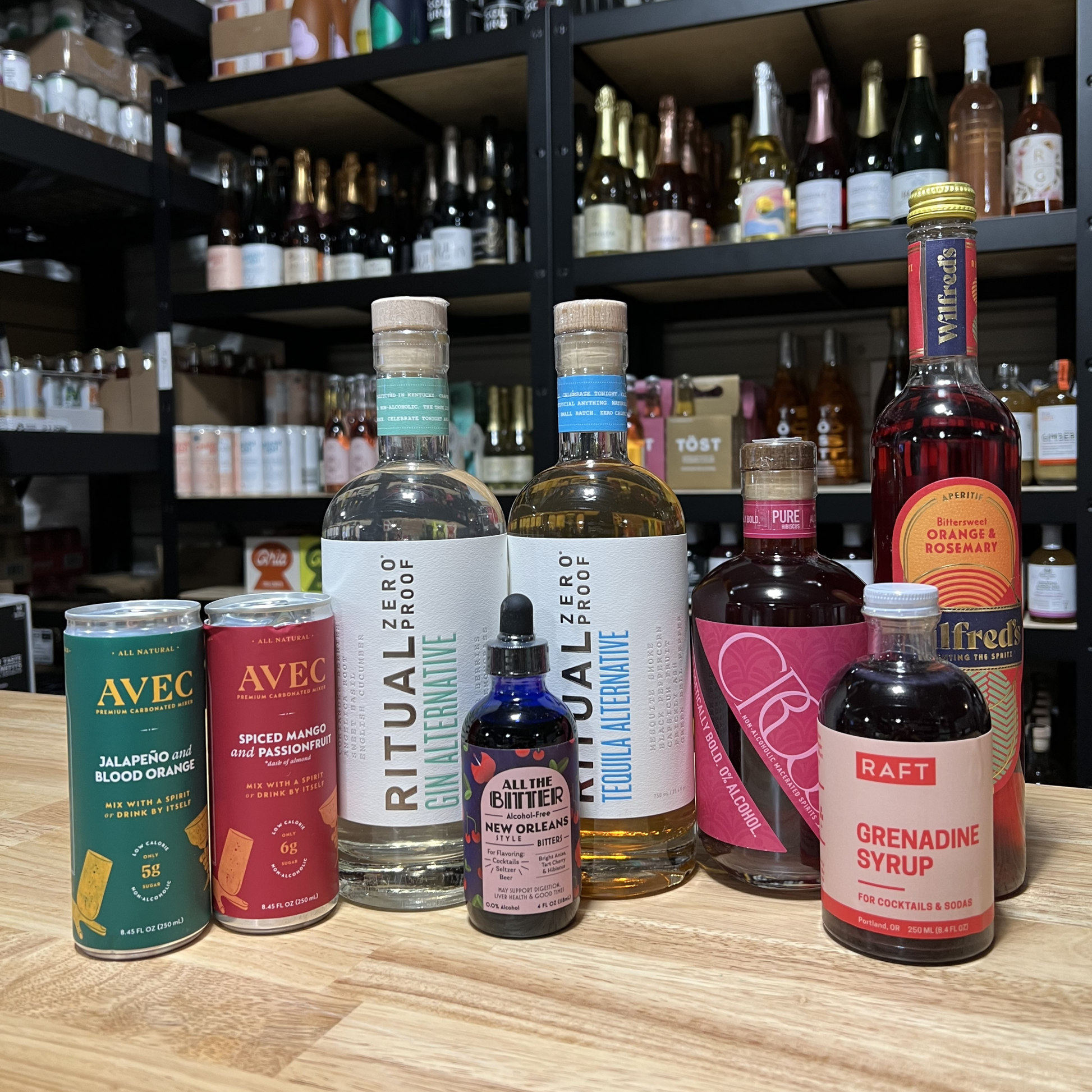 Dry January Mixology Sale - start your non-alcoholic bar with this bundle - make great alcohol free cocktails to impress anyone - AVEC, all the bitter, raft syrup, wilfred's, crossip, ritual zero proof spirits