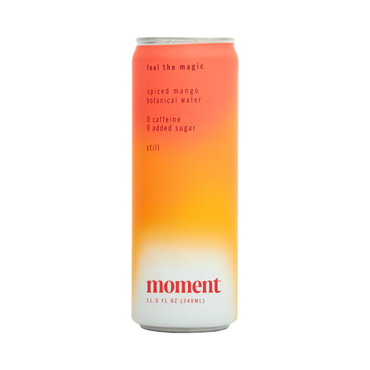 Moment Spiced Mango still botanical water with adaptogens - drink your meditation - no caffeine no sugar - non carbonated - calming and relaxing