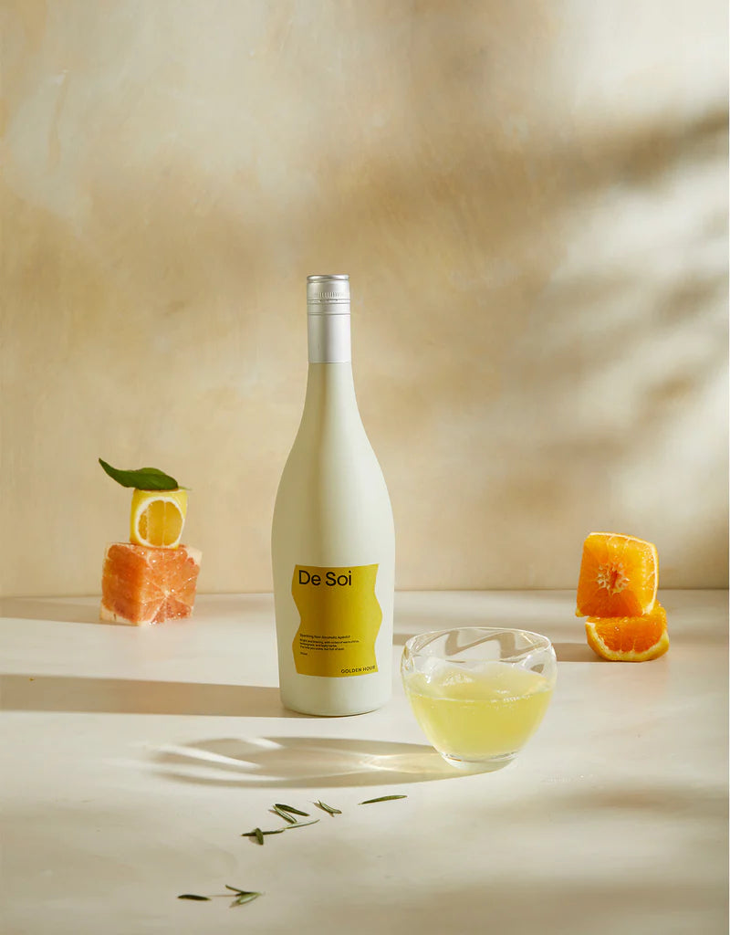 De Soi Golden Hour Sparkling Non-Alcoholic Aperitif made with maca, lemon balm, & L-theanine derived from green tea available at the Sobr Market - vegan - gluten free - nothing artificial - alcohol free