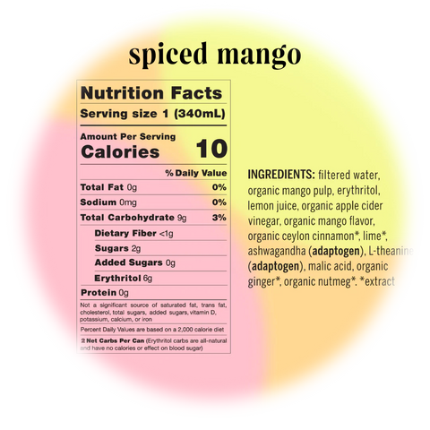 spiced mango nutrition facts - 0 sugar - 0 caffeine - adaptogens - ashwagandha - l-theanine