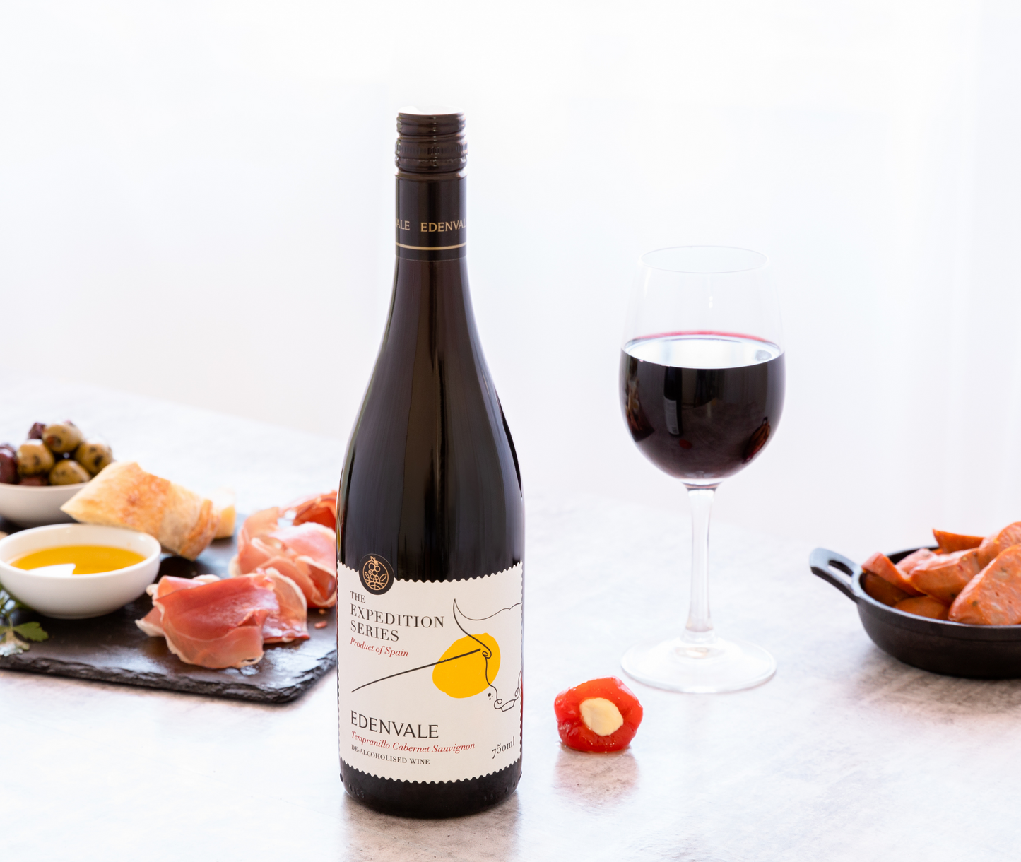 Food pairings include meats and olives.  Non Alcoholic red wine. Edenvale The Expedition Series - Tempranillo Cabernet Sauvignon Product of Spain available at The Sobr Market in Winnipeg Canada