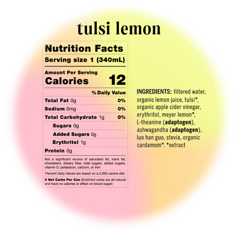 tulsi lemon nutrition facts - 0 sugar - 0 caffeine - adaptogens - ashwagandha - l-theanine