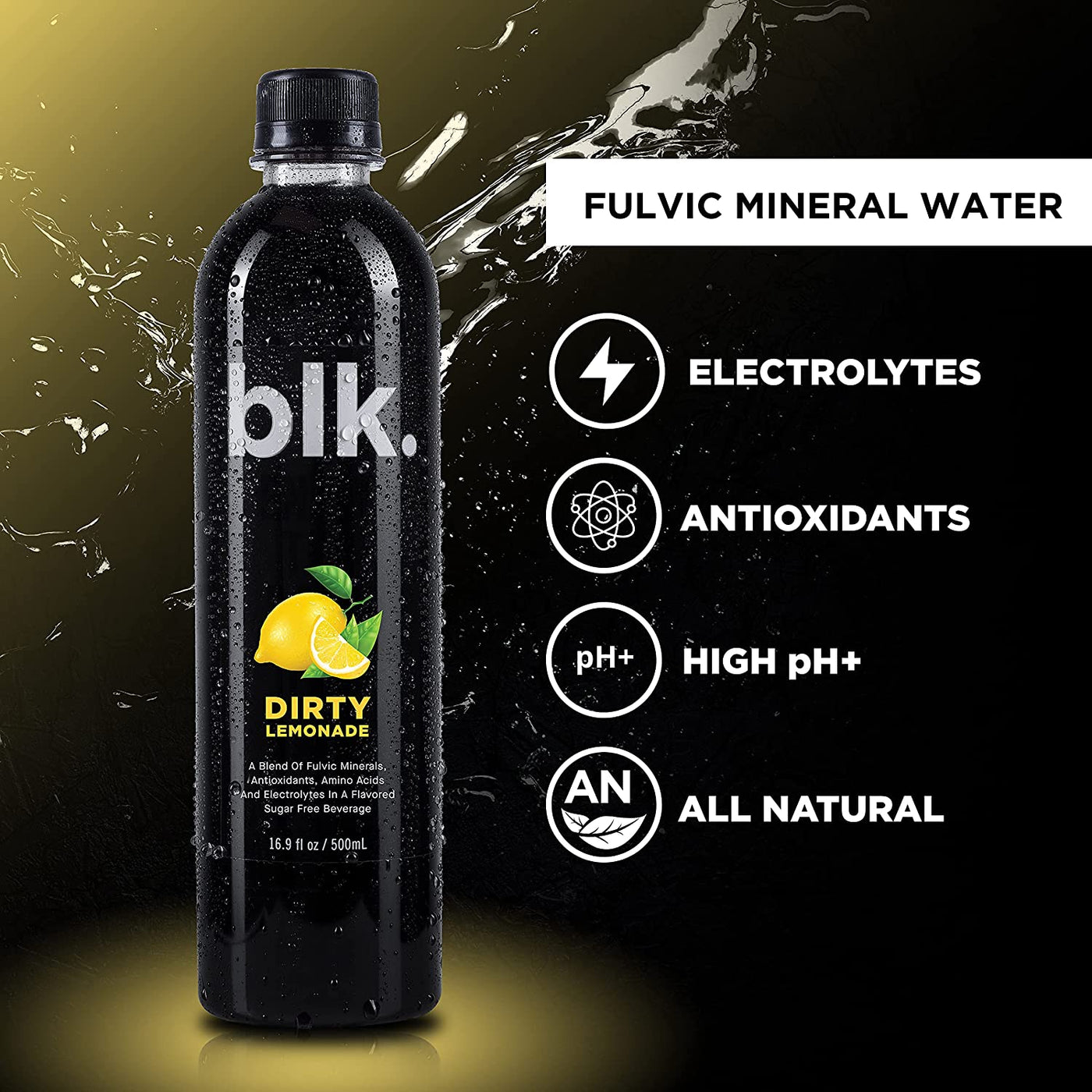 blk water dirty lemonade fulvic mineral water with electrolytes, antioxidants, high pH, all natural