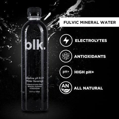 blk water fulvic minerals, electrolytes, antioxidants, high pH, all natural