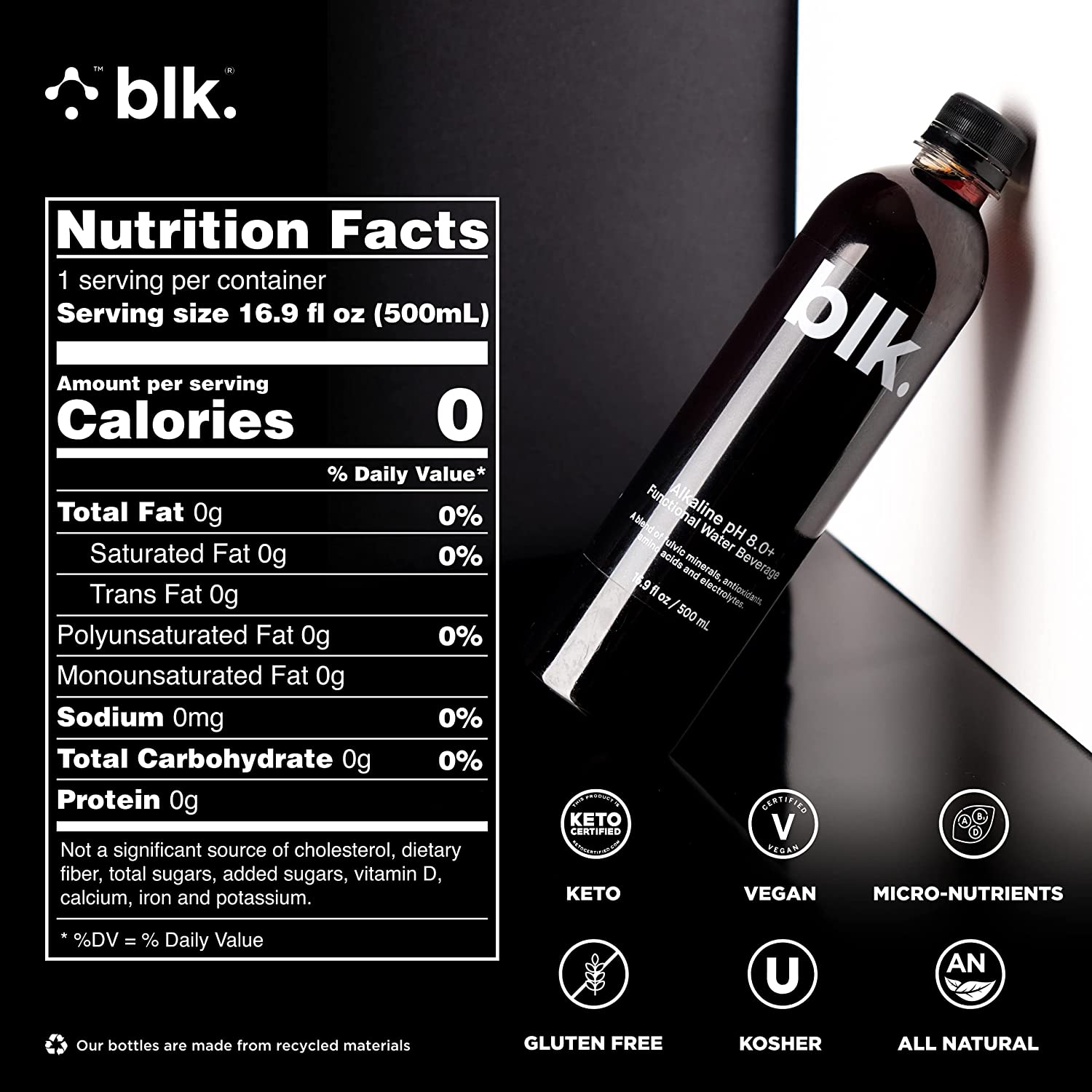 blk water nutritional information - nutrition facts - keto, vegan, micro-nutrients, gluten free, kosher, all natural